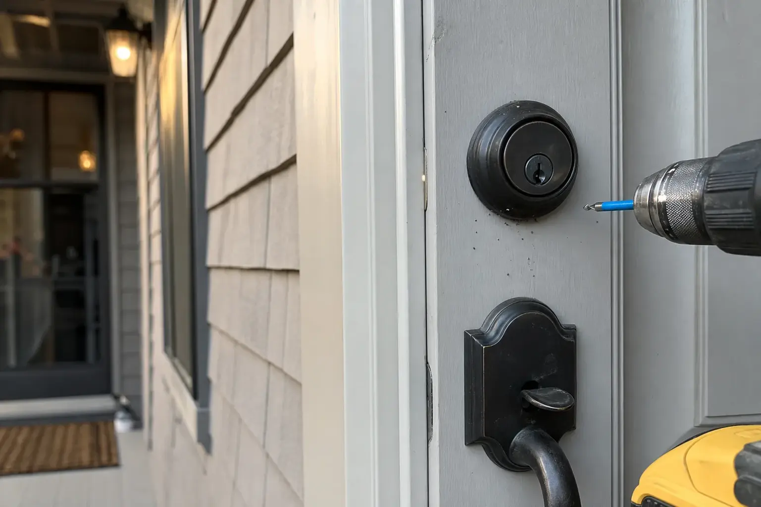 New deadbolt being installed in a front door